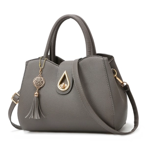 Dark grey lychee grain leather handbag with gold metal lock and tassel charm for women