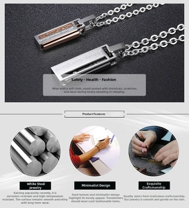 Close-up of stainless steel rectangle pendants with Love Devotion engraving