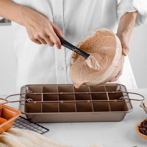 Non-stick rectangular brownie baking pan with 18-slot divider and bronze coating