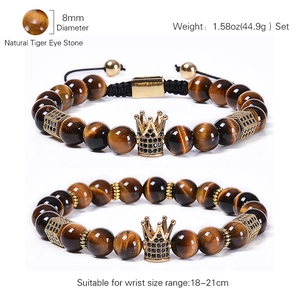 Natural tiger eye stone beaded bracelets set with copper zircon crown and hexagon charms