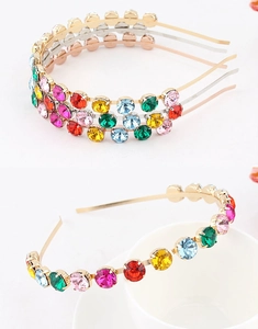 Detail of baroque headband featuring colorful rhinestones and gold alloy floral patterns