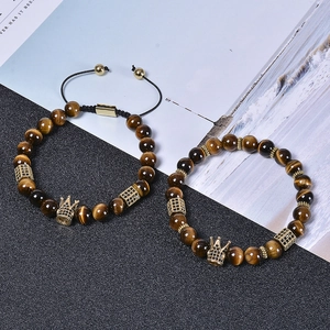 Tiger eye stone crown bracelet set with gold cubic zirconia hex spacers and elastic cord