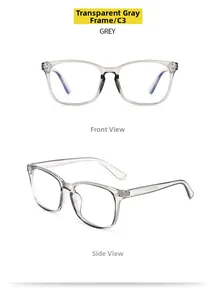 Detail of transparent grey full frame glasses with metal hinges and size specs