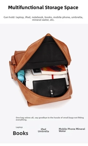 Detailed view of the brown PU leather backpack interior holding a laptop and tablet