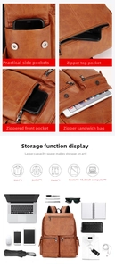 Detail of vintage brown PU leather backpack showing large 15.6 inch laptop storage capacity