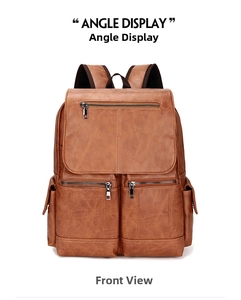 Detailed view of brown PU leather backpack featuring textured finish and front zip pockets
