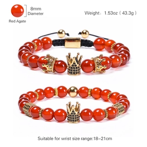 Set of two 8mm red agate beaded bracelets with crown charms and zircon inlays for 18-21cm wrists