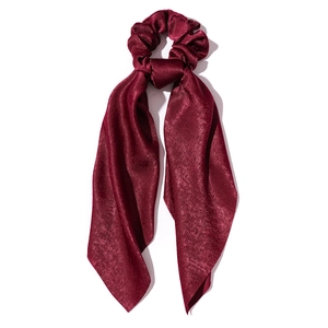 Burgundy satin ribbon scrunchie with long hanging streamers for ponytail styling