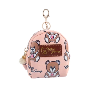 Pink mini backpack coin purse with cartoon bear print, pearl charm and gold keychain
