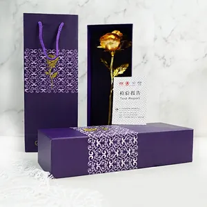 24K gold foil artificial rose flower with elegant purple gift box and matching carrier bag