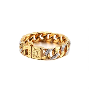 Men Cuban Link Chain Bracelet Stainless Steel Micro Pave Zircon Rhinestone Hip Hop Streetwear Punk Jewelry With Embossed Clasp