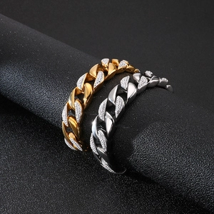 Men's titanium steel Cuban link bracelet with sparkling cubic zirconia in gold and silver