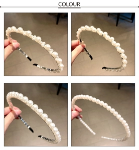 Detail showing four styles of handmade pearl headbands with various bead sizes and designs