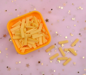 Miniature yellow resin cheese fries and matching square bowl for DIY craft and phone case