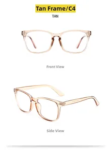 Detail view of tea-colored square frames with durable metal hinges and clear tan finish