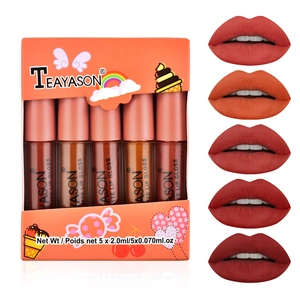 5-piece set of matte velvet lip glosses in warm orange and berry shades with gift box