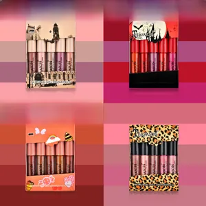 Detail showing various matte lip gloss sets with gothic and vintage pattern packaging