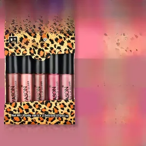 Mini matte lip gloss set with five leopard print tubes and lip swatches shown on model