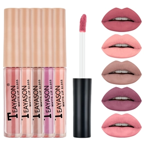 Detailed swatches and five matte lip gloss tubes in nude and peach tones for comparison