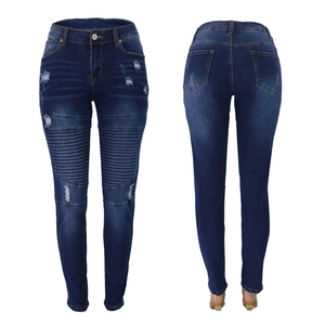Slim fit dark blue moto jeans with knee pleats and distressed ripped details