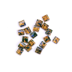 Square Tila glass beads with amber texture and blue-green ink spots for DIY jewelry