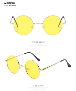 Macro detail of retro round polarized sunglasses with golden metal frame and yellow lenses
