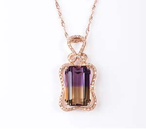 Luxurious 18K rose gold pendant necklace featuring gradient ametrine and micro-pave stones