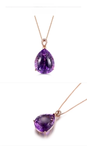 Macro view of teardrop amethyst necklace with rose gold setting and crystal accents