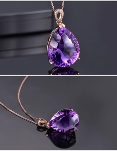 Detailed views of a rose gold teardrop amethyst pendant with delicate diamond accents