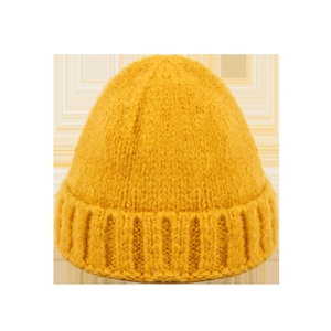 Classic mustard yellow chunky knit beanie hat with rolled cuff for winter warmth