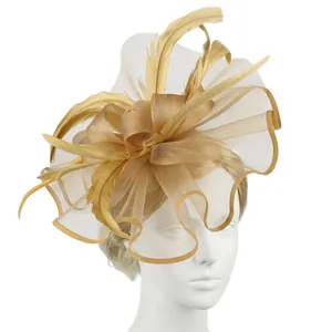 Λεπτομέρεια από σαμπανιζέ καπέλο fascinator με δίχτυ, φτερά και σχέδιο λουλουδιού σε μοντέλο