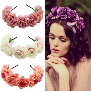 Handmade silk rose floral wreath headbands for weddings in pink, cream, and orange colors