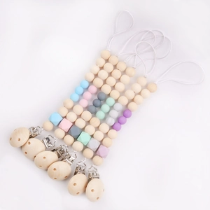 Baby Pacifier Chain Clip Silicone Wood Beads Teether Soother Holder Infant Nursing Accessory