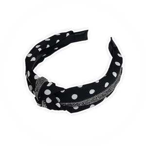 Black polka dot fabric headband with knotted bow and sparkling rhinestone detail for women