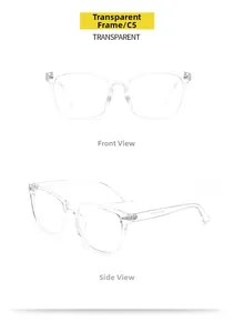 Detail view of transparent square frames with durable metal hinges and clear C5 finish
