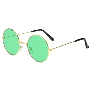 Vintage round gold metal sunglasses with vibrant green lenses shown from a side angle