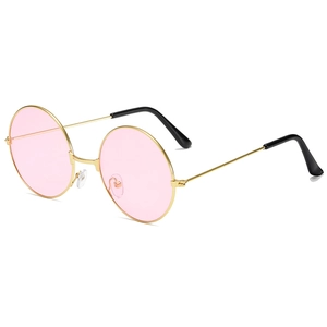 Retro round metal sunglasses with pink lenses and gold frame in a 45-degree view