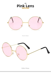 Detail view of retro round sunglasses featuring gold metal frame and pink tinted lenses