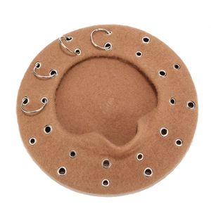 Vintage camel wool beret hat with metallic eyelets and hoop rings for street style fashion