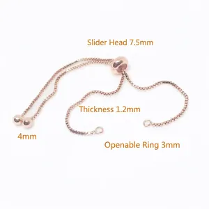 Adjustable 1.2mm rose gold copper box chain bracelet with 7.5mm slider and open ring