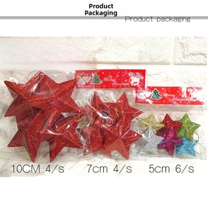 Three sizes of 3D glitter star Christmas ornaments in various colors with packaging