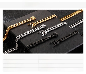 Detailed comparison of stainless steel Cuban link chains in gold, steel, and black finishes