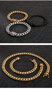 Detailed view of stainless steel Cuban link bracelets in gold, silver, and black finishes