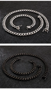 Detailed comparison of silver and black stainless steel Cuban link chain necklace and bracelet sets