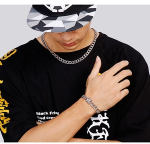 Close-up of a silver Cuban link necklace and bracelet set worn by a male fashion model