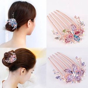 Floral alloy hair comb with colorful rhinestones for elegant updo hairstyling
