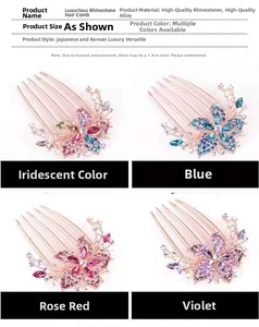 Detailed macro view of four colors of luxurious rhinestone hair combs with 5-tooth design