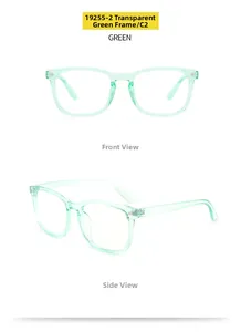 Detail view of transparent green rectangular glasses frame with durable metal hinges