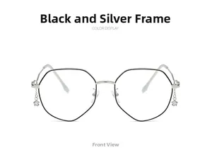 Front view of black and silver polygonal eyeglasses with sparkling star pendant charms