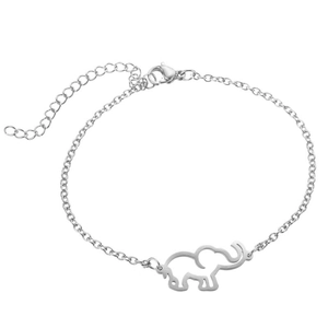 Détail du bracelet avec pendentif éléphant évidé argenté et chaîne d'extension réglable